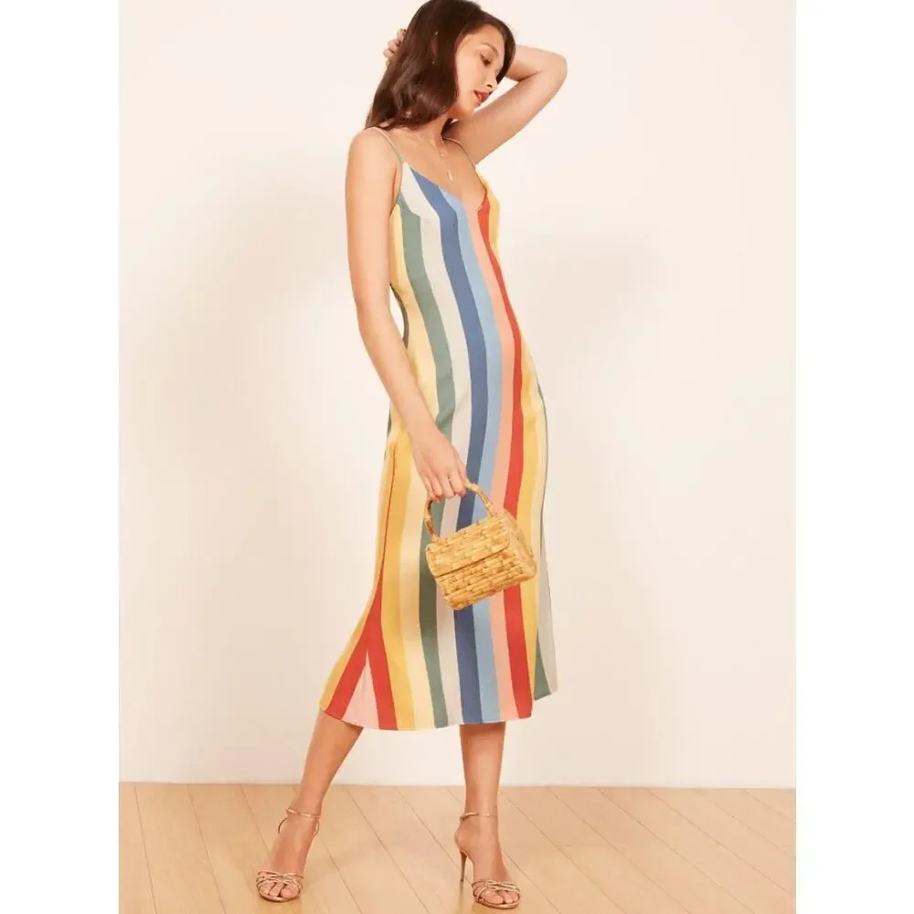 Reformation Rainbow Midi Dress 2 XS Striped V-neck spaghetti strap multicolor - Picture 11 of 11